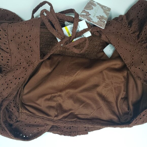 BOG Band Of The Free Eyelet Crop Top Women Medium Walnut Brown Boho Puff Sleeves - Picture 14 of 16